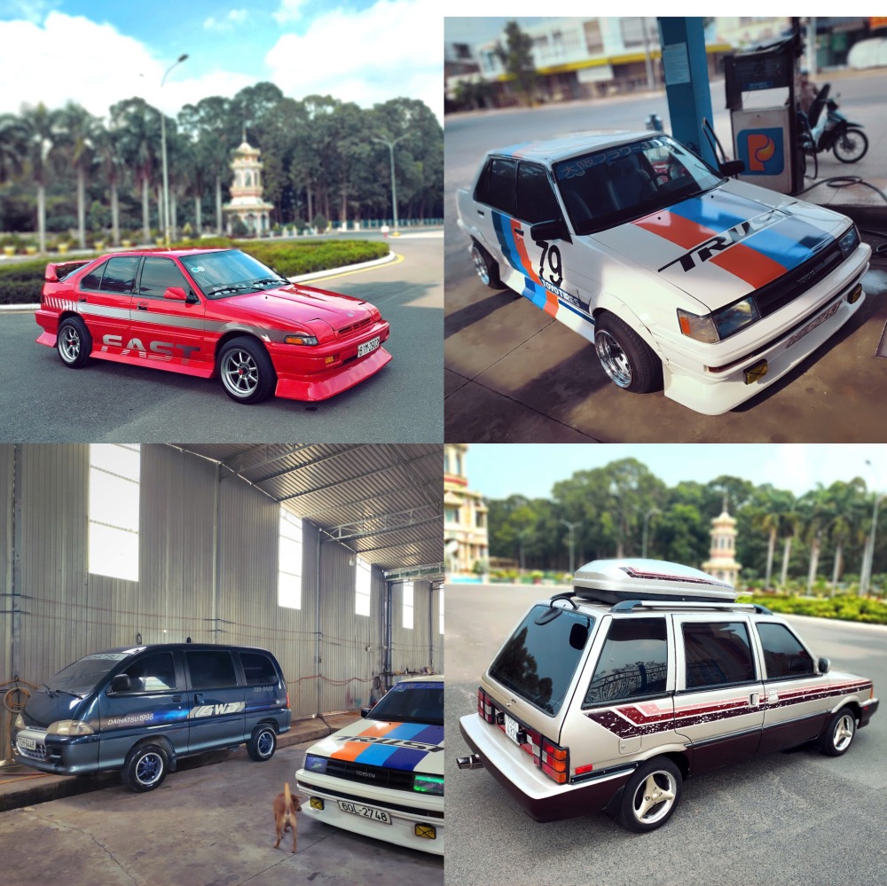 đô xe Honda Acura Integra 1987 màu đỏ
Toyota corolla 1983 màu trắng
Daihatsu citivan 1998 màu xanh
Nissan Stanza 1987 màu vàng cát